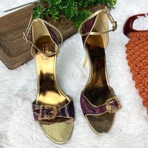 Guess gold colored maroon snakeskin buckle open toe stilettos heels 8